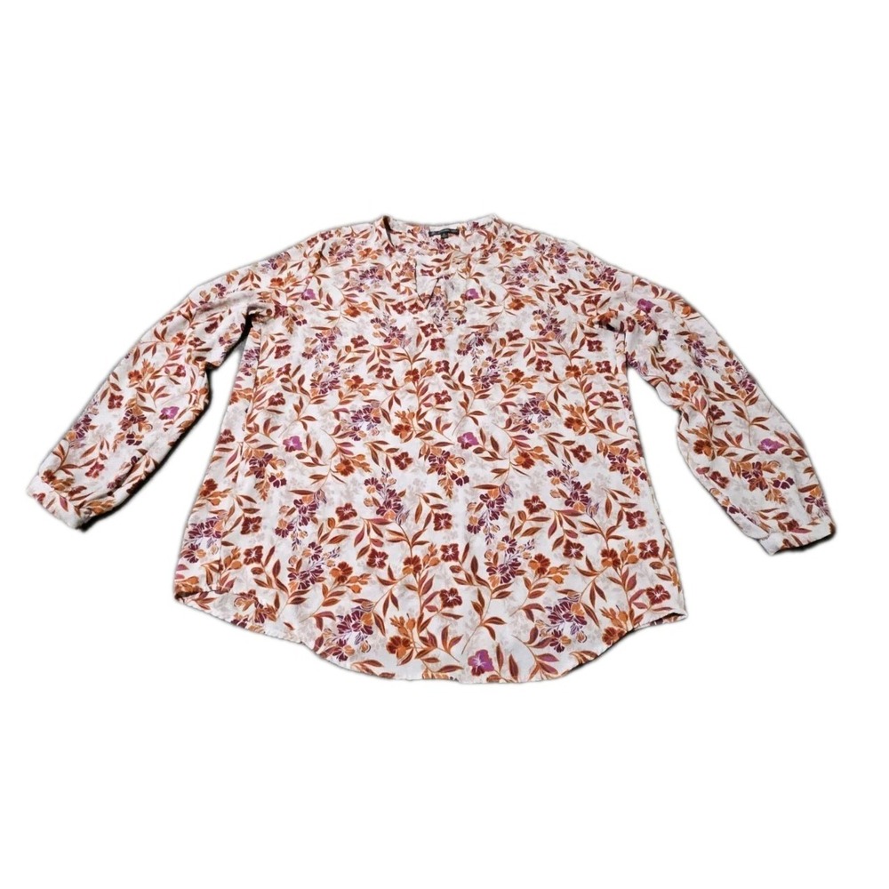 Adrianna Papell Blouse M Floral Pink Orange V-Neck Long Sleeve Lightweight Top‎